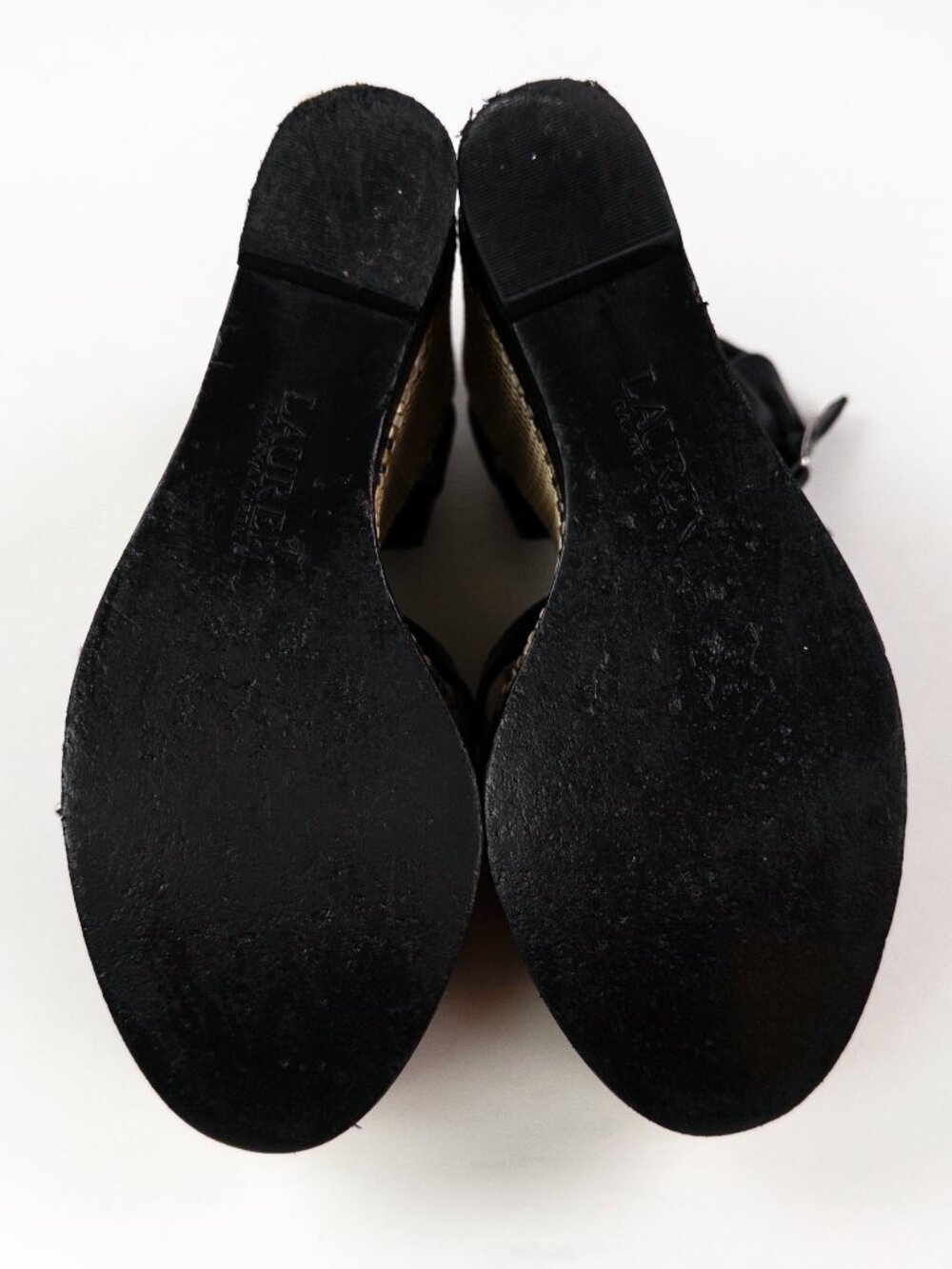 Lauren Ralph Lauren Black Leather Tweed Wedge Platform Sandals Sz 8.5 - Picture 8 of 8